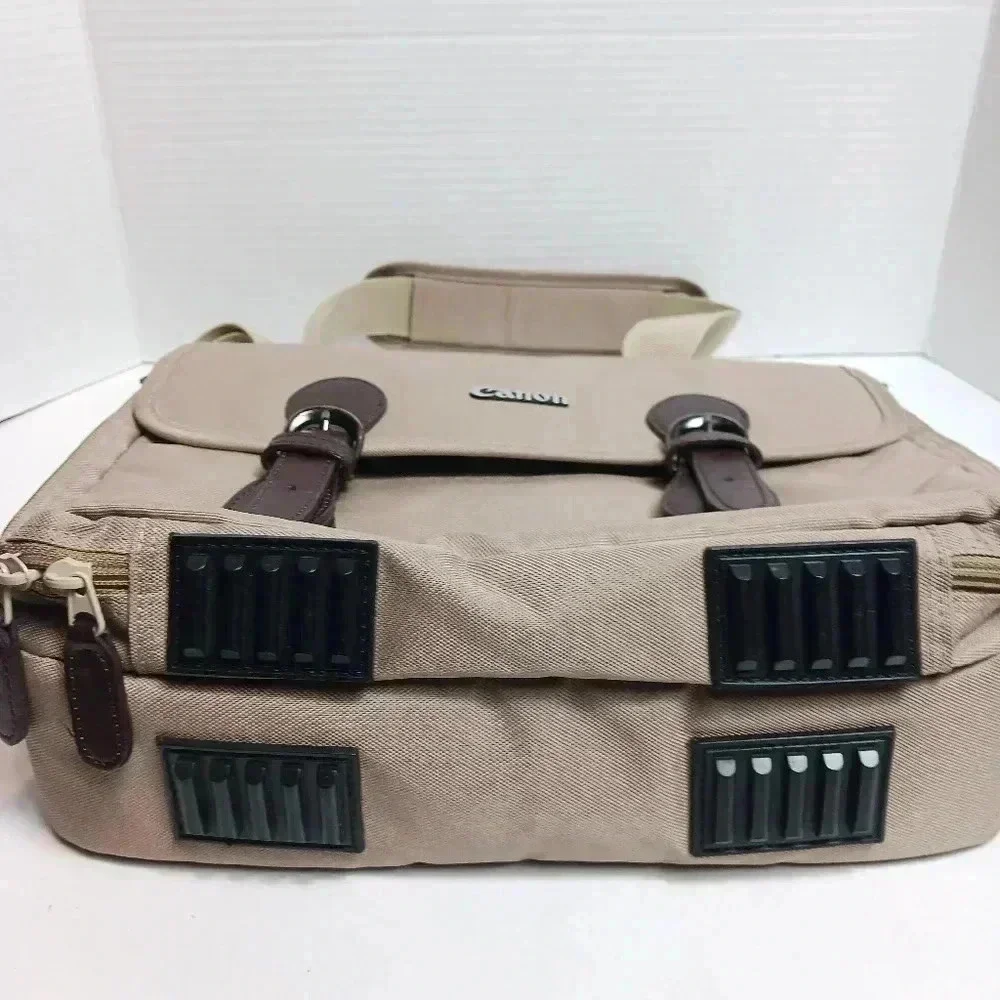 Canon Beige Canvas Brown Leather Carry Shoulder Strap Padded Camera Bag CLEAN